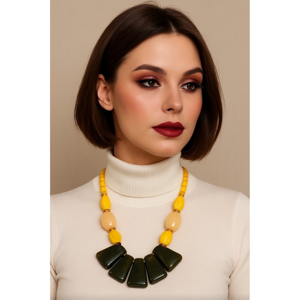 Yellow And Olive Green Gold Color Statement‎ Necklace Wearable Art